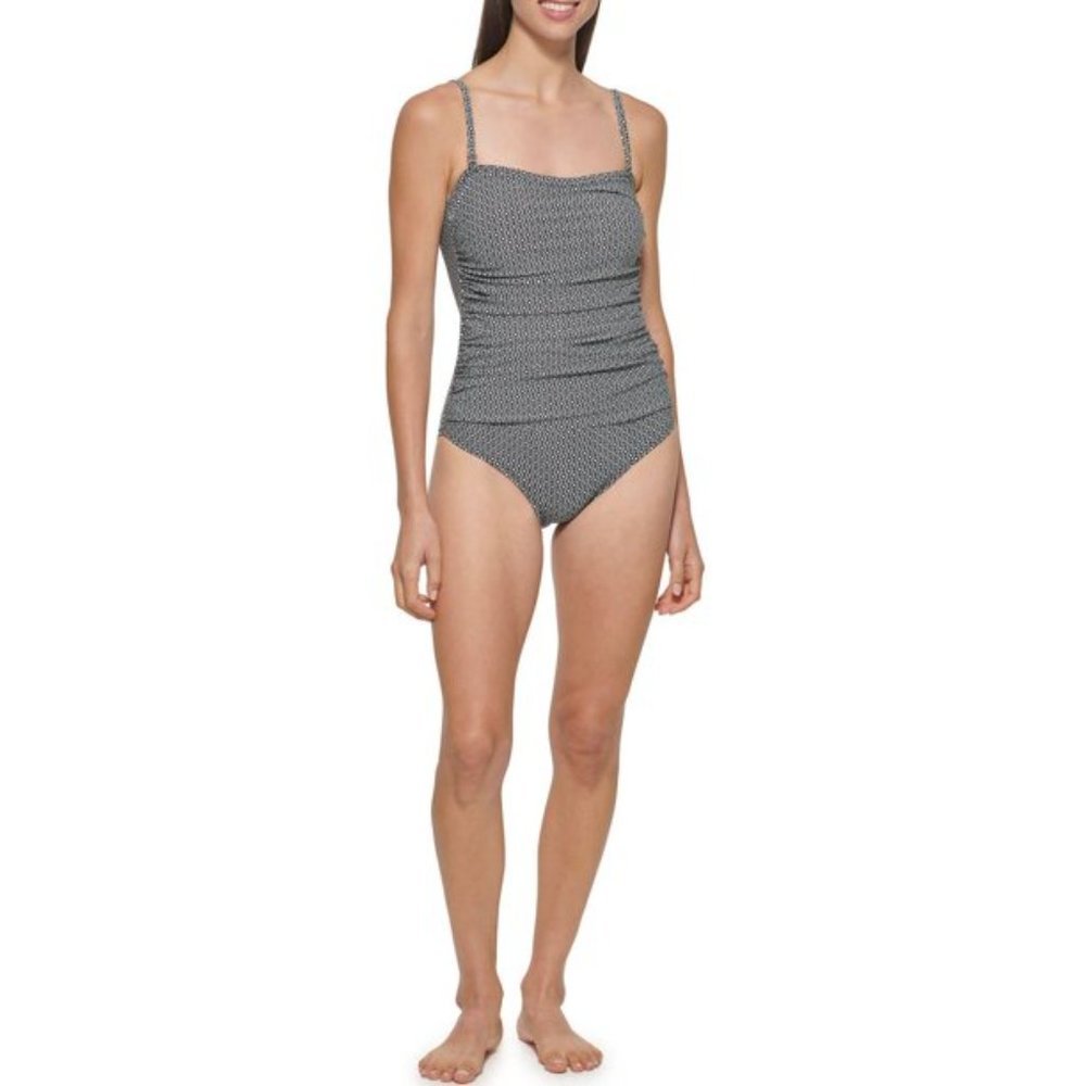NWT DKNY Ladies Swimsuit in Bandeau Maillot Black White Geo